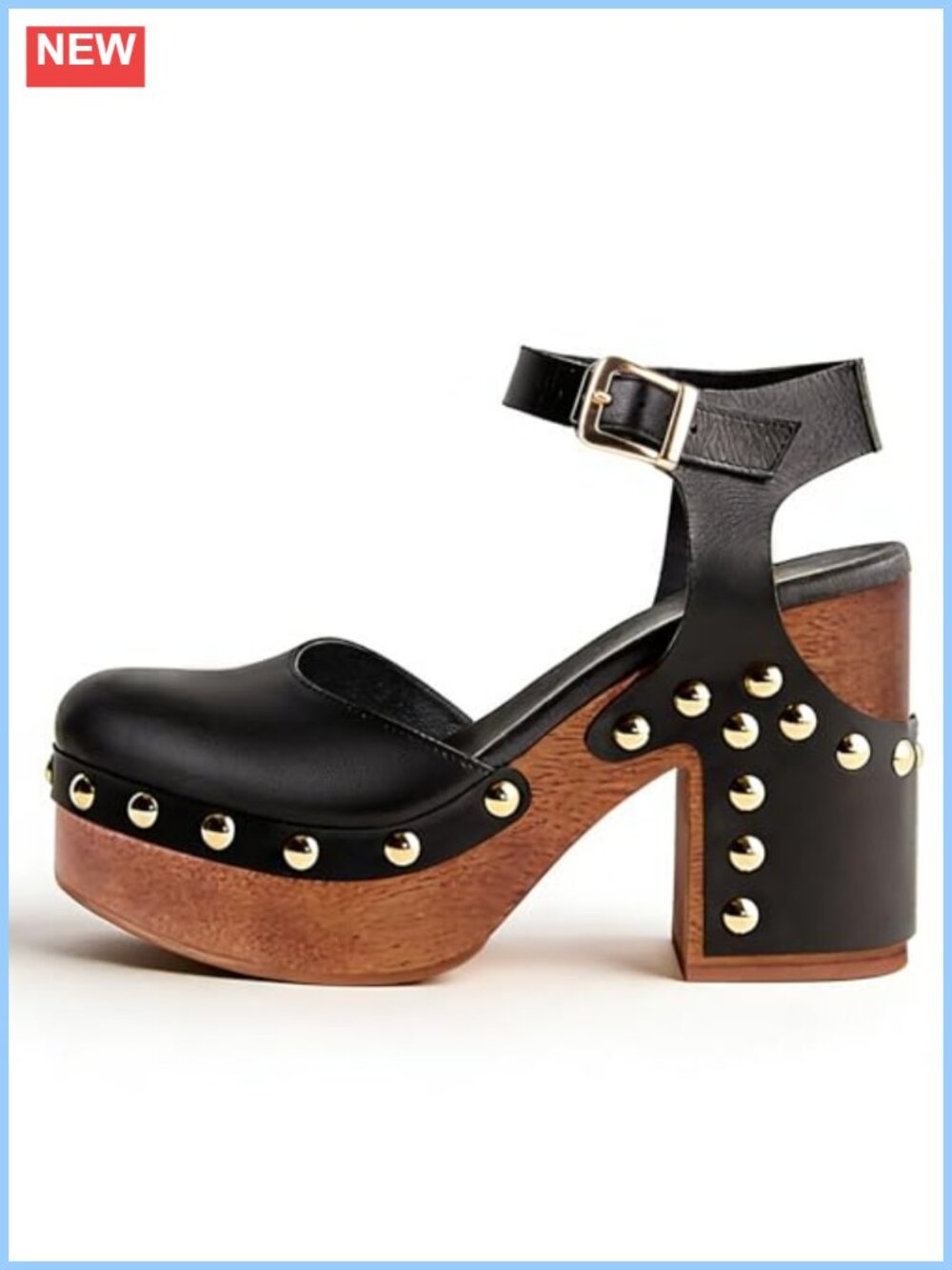 Women's Platform Clogs Heels Ankle Strap Closed Toe Studded Faux Wood Chunky